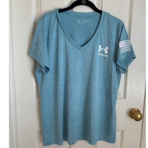 Under Armour Womens Freedom V-Neck T-Shirt Heather Blue XL American Flag Sleeve